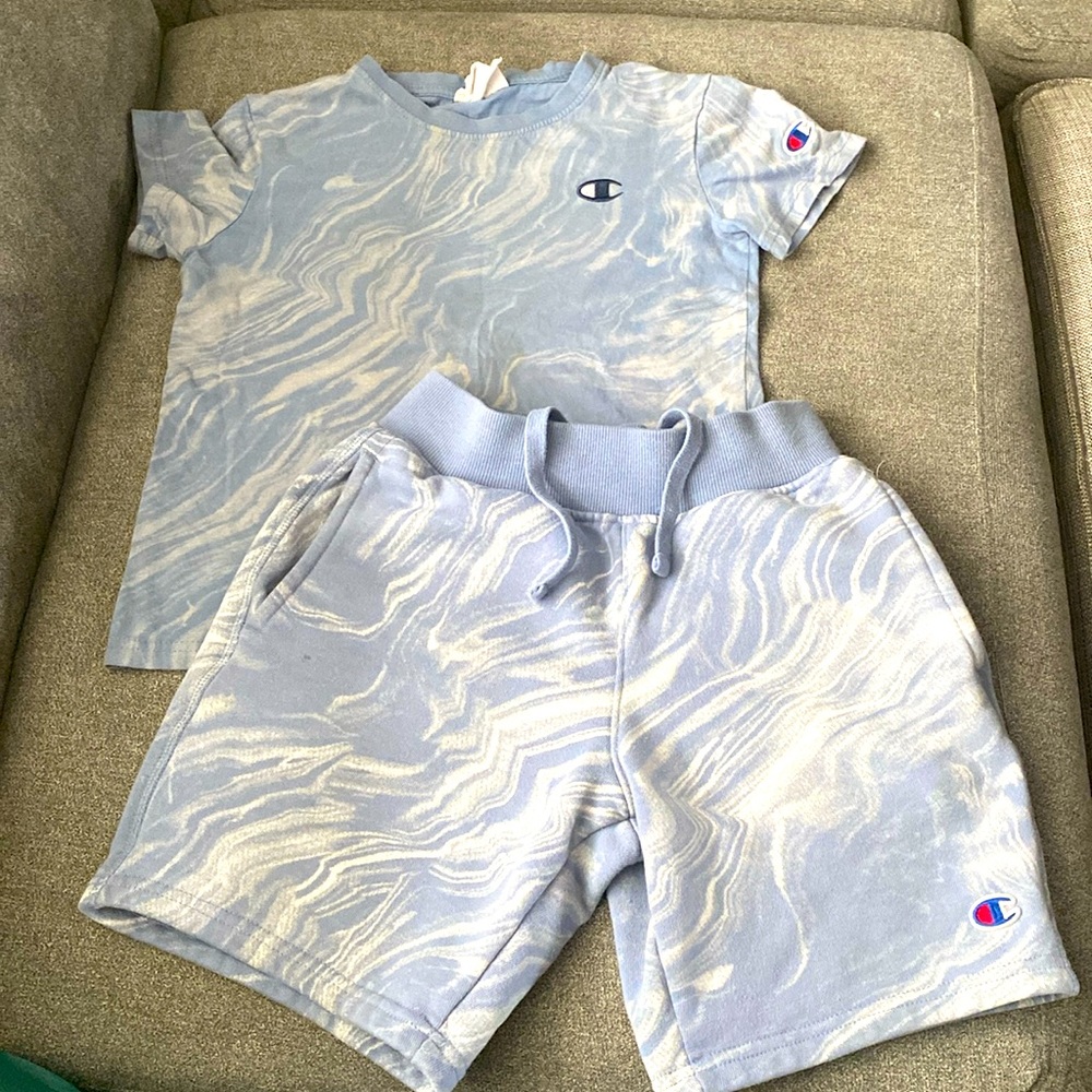 CHAMPION boys MARBLE FLOW REVERSE WEAVE CUT OFF SHORTS and Matching Tshirt S